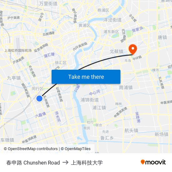 春申路 Chunshen Road to 上海科技大学 map