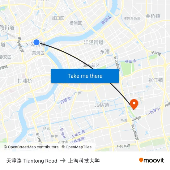 天潼路 Tiantong Road to 上海科技大学 map