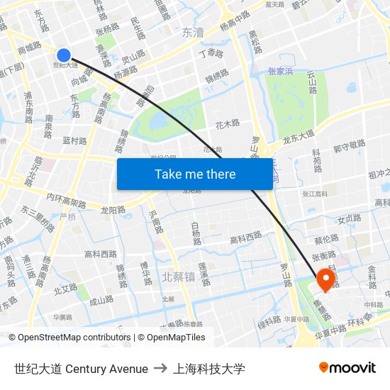 世纪大道 Century Avenue to 上海科技大学 map