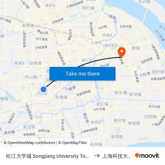松江大学城 Songjiang University Town to 上海科技大学 map