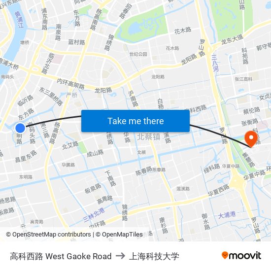 高科西路 West Gaoke Road to 上海科技大学 map