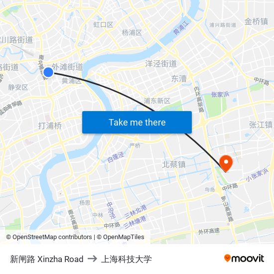 新闸路 Xinzha Road to 上海科技大学 map