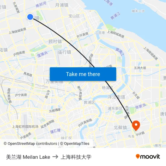 美兰湖 Meilan Lake to 上海科技大学 map