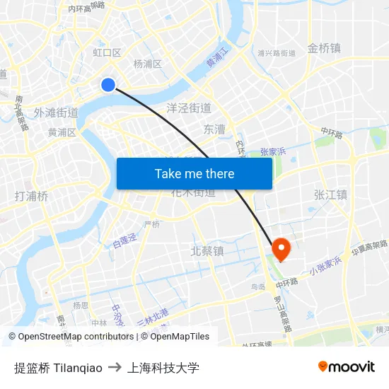 提篮桥 Tilanqiao to 上海科技大学 map