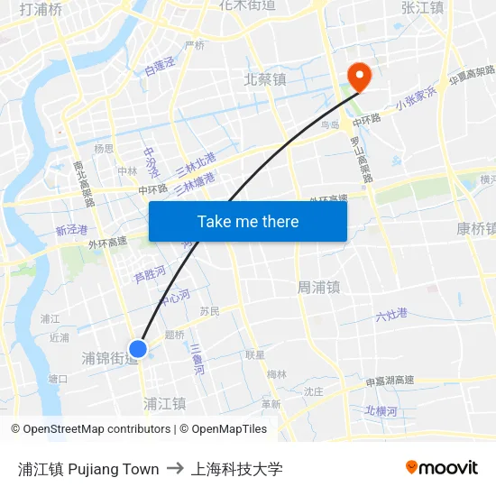 浦江镇 Pujiang Town to 上海科技大学 map