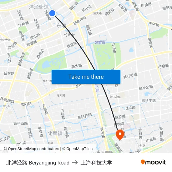 北洋泾路 Beiyangjing Road to 上海科技大学 map