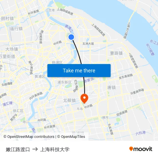 嫩江路渡口 to 上海科技大学 map