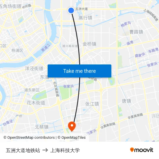 五洲大道地铁站 to 上海科技大学 map