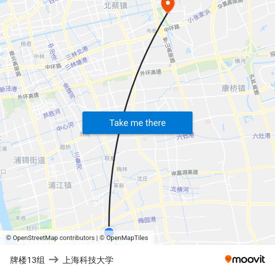 牌楼13组 to 上海科技大学 map
