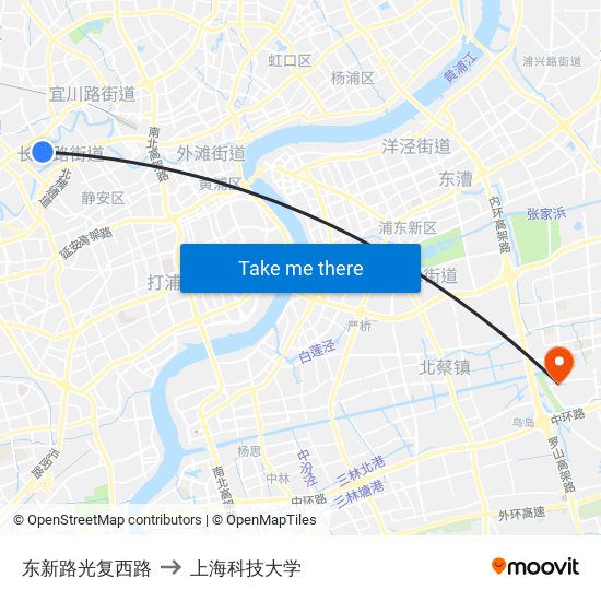 东新路光复西路 to 上海科技大学 map