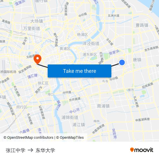 张江中学 to 东华大学 map