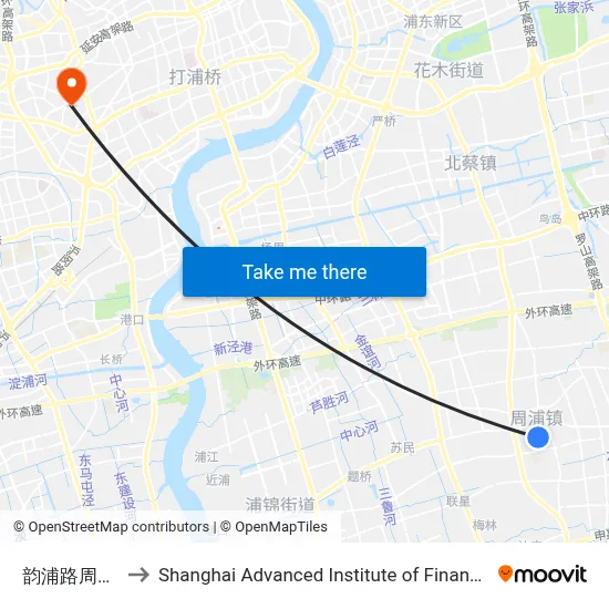 Yunpu Road - Zhoukang Road to Shanghai Advanced Institute of Finance, SJTU map