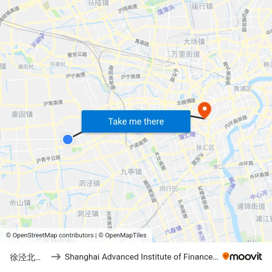 Xujing North Town Station to Shanghai Advanced Institute of Finance, SJTU map