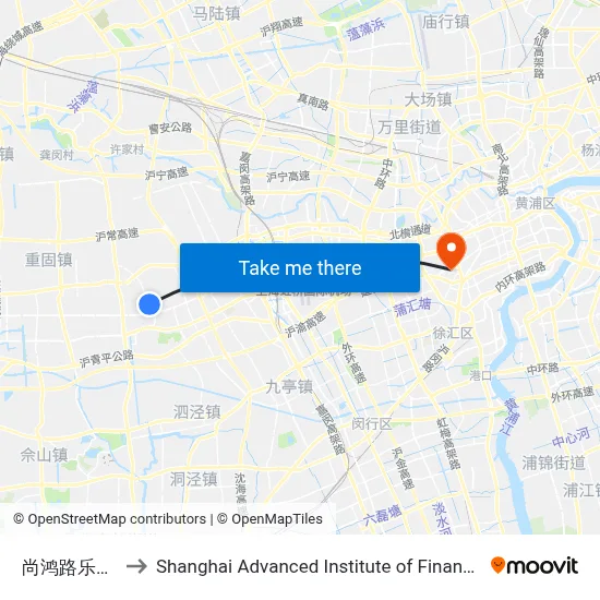 Shanghong Road - Letian Road to Shanghai Advanced Institute of Finance, SJTU map