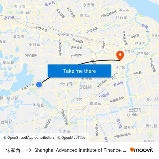 Zhujiajiao Station to Shanghai Advanced Institute of Finance, SJTU map