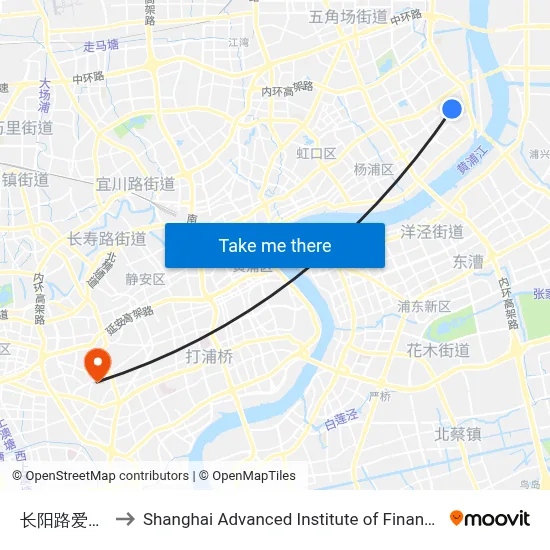 Changyang Road & Aiguo Road to Shanghai Advanced Institute of Finance, SJTU map