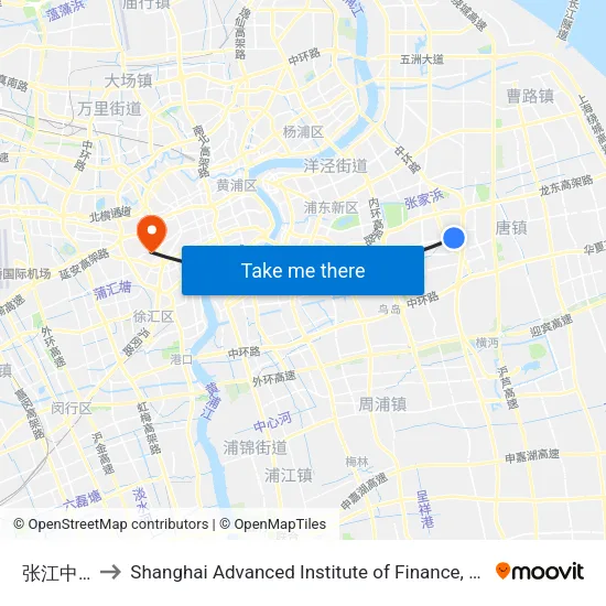 张江中学 to Shanghai Advanced Institute of Finance, SJTU map