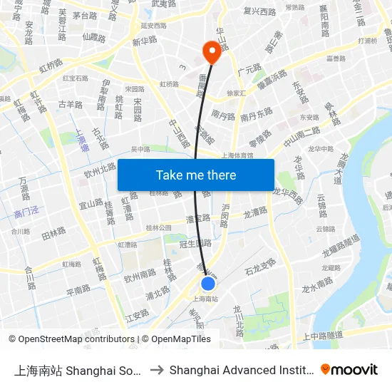 Shanghai South Railway Station to Shanghai Advanced Institute of Finance, SJTU map