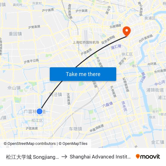 松江大学城 Songjiang University Town to Shanghai Advanced Institute of Finance, SJTU map