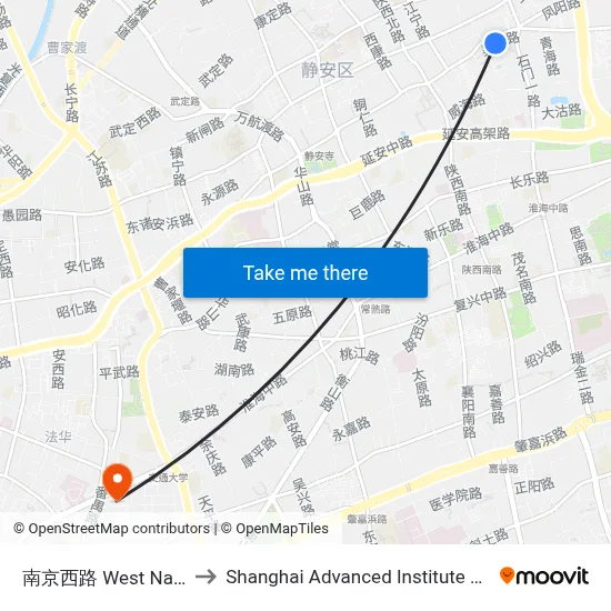 West Nanjing Road to Shanghai Advanced Institute of Finance, SJTU map