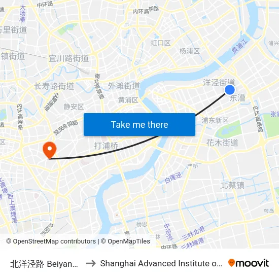 北洋泾路 Beiyangjing Road to Shanghai Advanced Institute of Finance, SJTU map