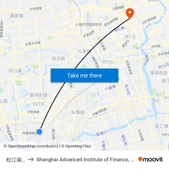 Songjiang South Station to Shanghai Advanced Institute of Finance, SJTU map