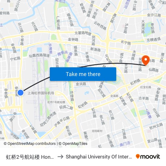 虹桥2号航站楼 Hongqiao Airport Terminal 2 to Shanghai University Of International Business And Economic map