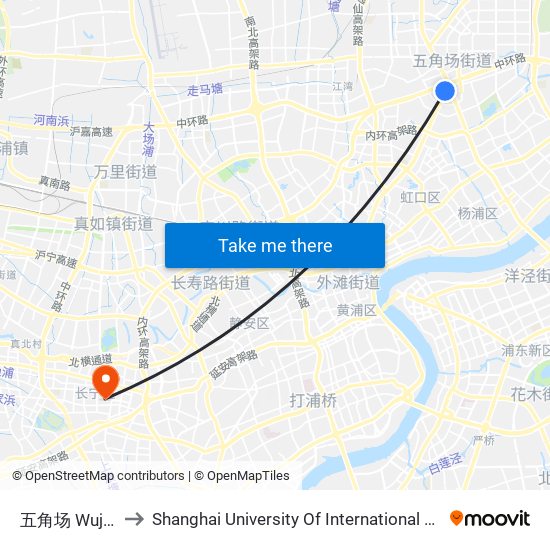 五角场 Wujiaochang to Shanghai University Of International Business And Economic map