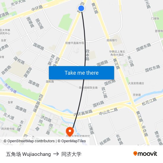 五角场 Wujiaochang to 同济大学 map