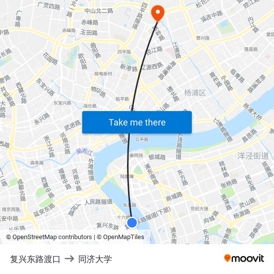复兴东路渡口 to 同济大学 map