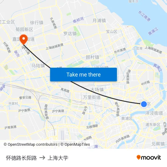 怀德路长阳路 to 上海大学 map