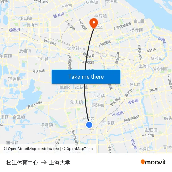 松江体育中心 to 上海大学 map