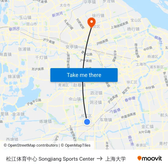 松江体育中心 Songjiang Sports Center to 上海大学 map