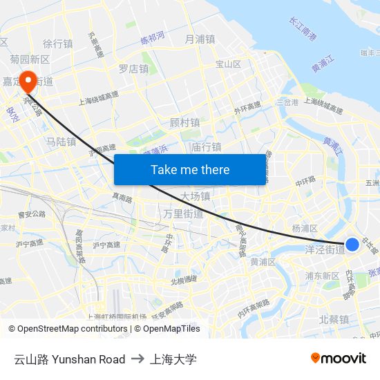 云山路 Yunshan Road to 上海大学 map