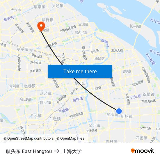 航头东 East Hangtou to 上海大学 map