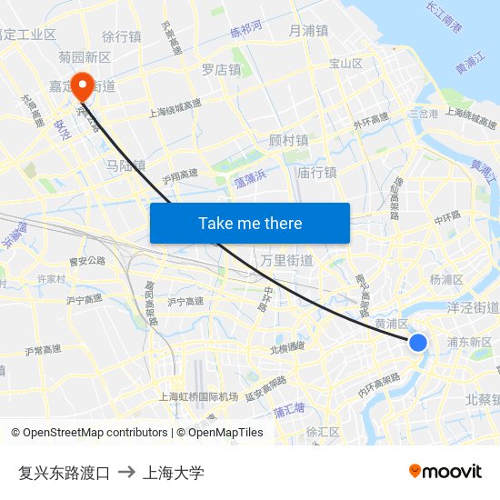 复兴东路渡口 to 上海大学 map