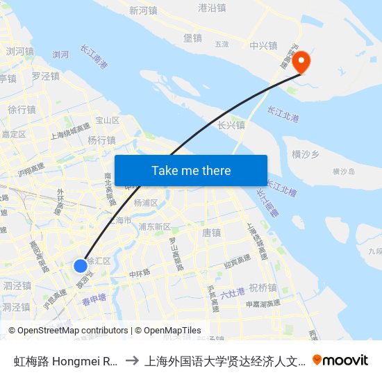 虹梅路 Hongmei Road to 上海外国语大学贤达经济人文学院 map