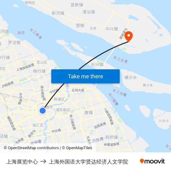 上海展览中心 to 上海外国语大学贤达经济人文学院 map