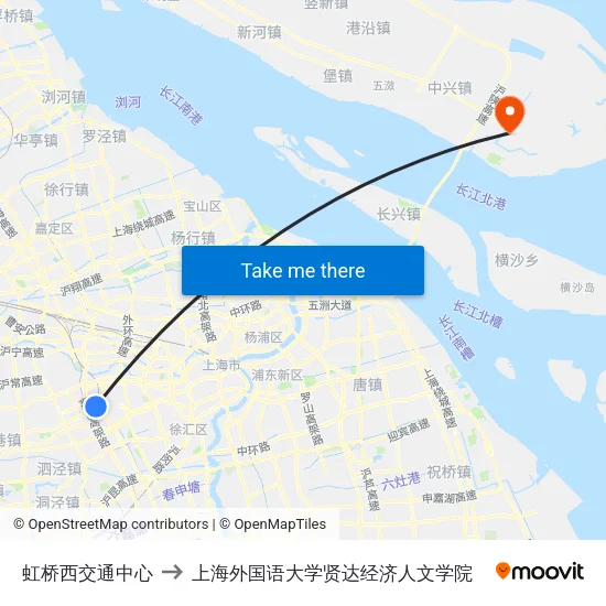 虹桥西交通中心 to 上海外国语大学贤达经济人文学院 map