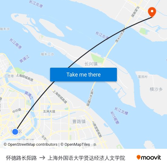怀德路长阳路 to 上海外国语大学贤达经济人文学院 map