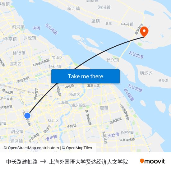 申长路建虹路 to 上海外国语大学贤达经济人文学院 map