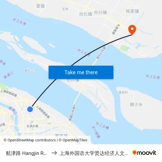 航津路 Hangjin Road to 上海外国语大学贤达经济人文学院 map