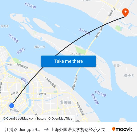江浦路 Jiangpu Road to 上海外国语大学贤达经济人文学院 map