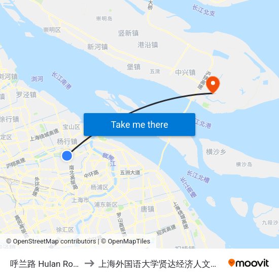 呼兰路 Hulan Road to 上海外国语大学贤达经济人文学院 map