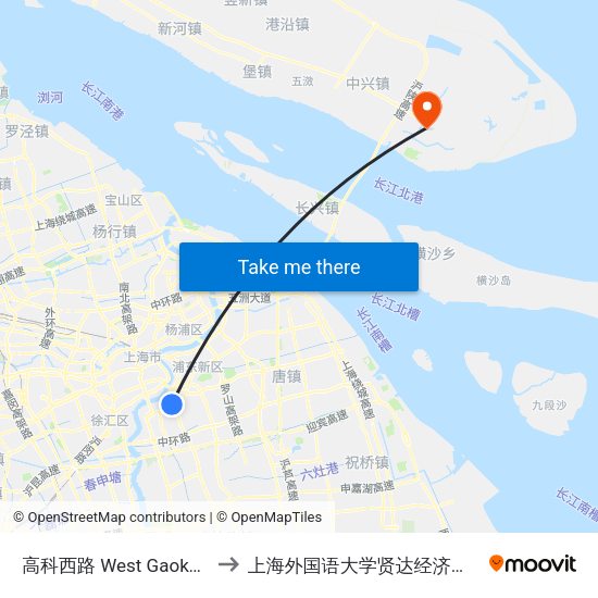 高科西路 West Gaoke Road to 上海外国语大学贤达经济人文学院 map