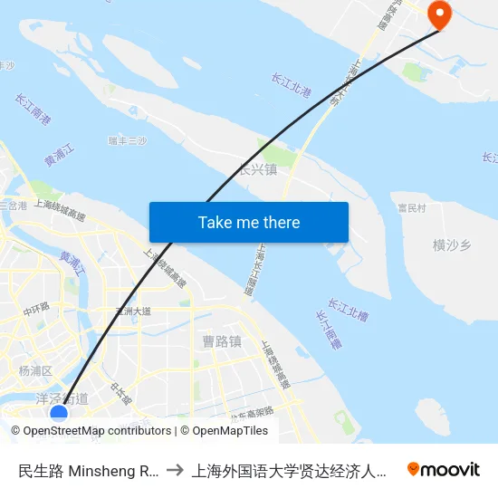 民生路 Minsheng Road to 上海外国语大学贤达经济人文学院 map