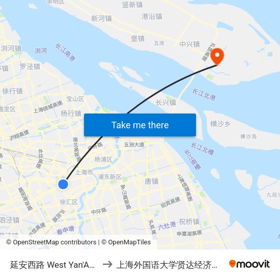延安西路 West Yan'An Road to 上海外国语大学贤达经济人文学院 map