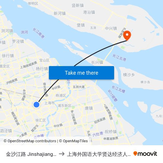 金沙江路 Jinshajiang Road to 上海外国语大学贤达经济人文学院 map