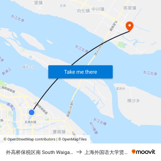 外高桥保税区南 South Waigaoqiao Free Trade Zone to 上海外国语大学贤达经济人文学院 map