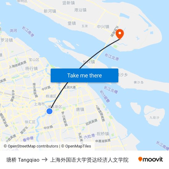 塘桥 Tangqiao to 上海外国语大学贤达经济人文学院 map